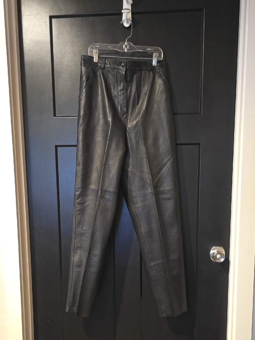 Black Leather Straight-Leg Pants, vintage sz 12, nice!